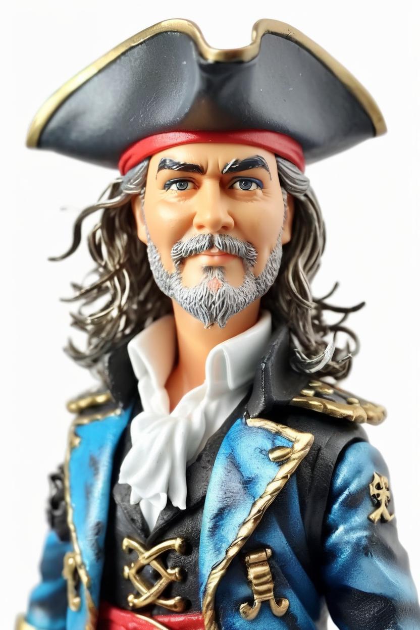 Artificial Intelligence (AI) generated image art, ((...)), Dressed as Captain Sparrow, as a full length figurine, Ken doll, plastic, 8K, White Background