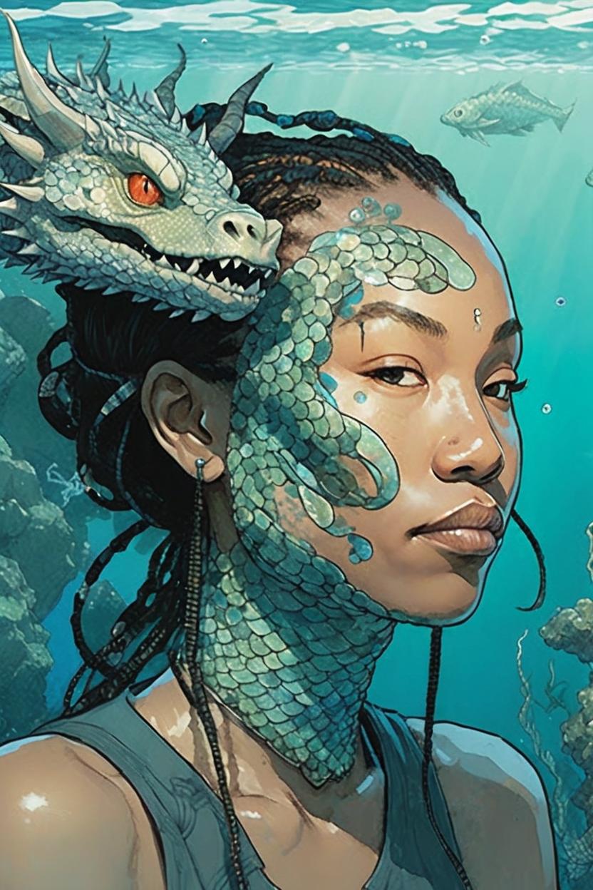 Artificial Intelligence (AI) generated image art, ..., a painting of a woman with a dragon head, in the style of intricate underwater worlds, frank quitely, unique yokai illustrations, luminous portraits, art of burma, tender depiction of nature, serene faces style expressive