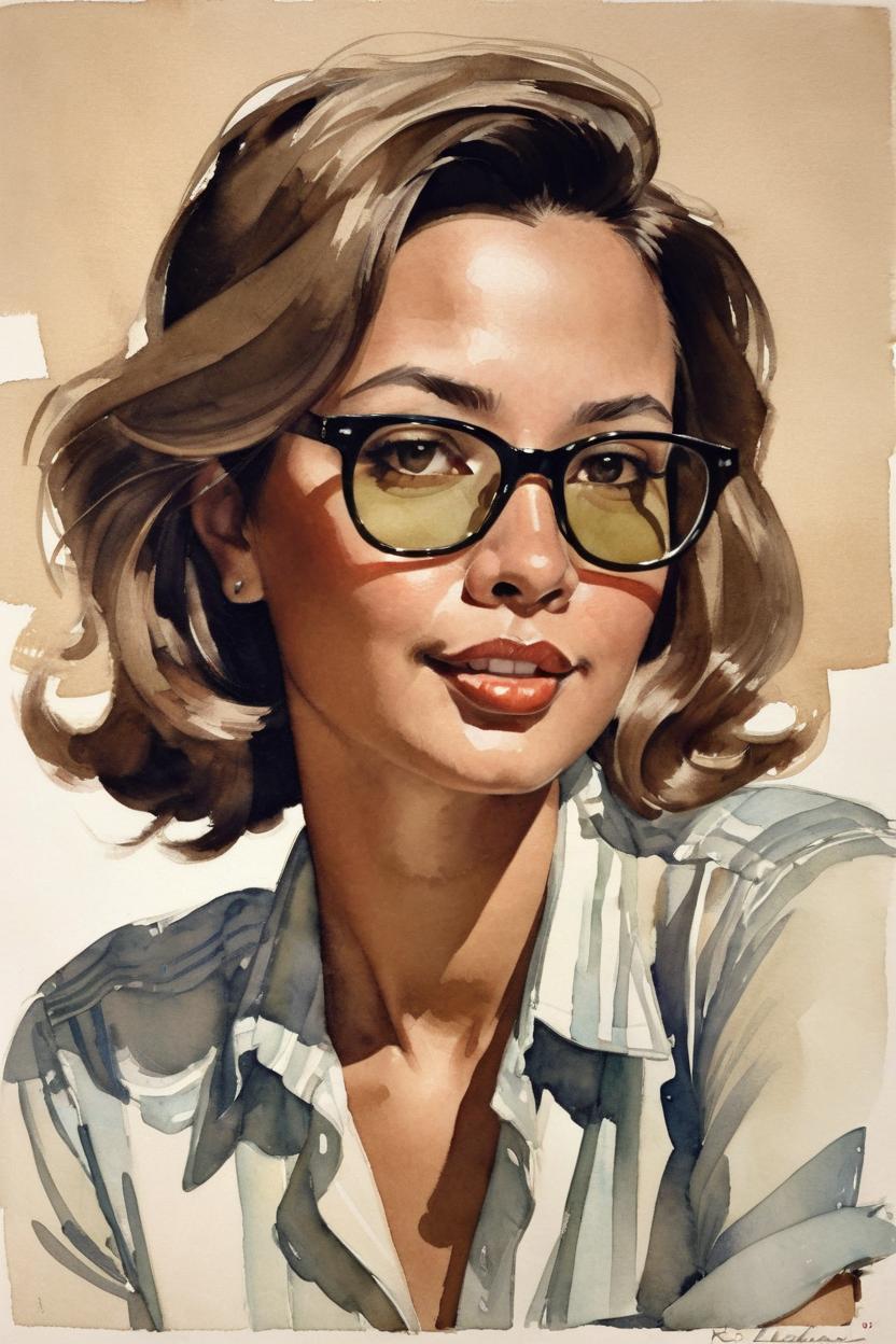 Artificial Intelligence (AI) generated image art, Watercolor painting of ... by J.C. Leyendecker, upper body, tan skin, glasses, wearing an unbottoned shirt, fashionable, brunette, 1950s