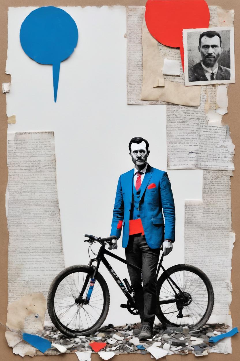 Artificial Intelligence (AI) generated image art, ((..., dada portrait, as age 30, art by Lubaina Himid, cut up portrait, black and white photo)), red and blue accent colours, cycling, mountain bike, texture, found objects, Objet Trouvé