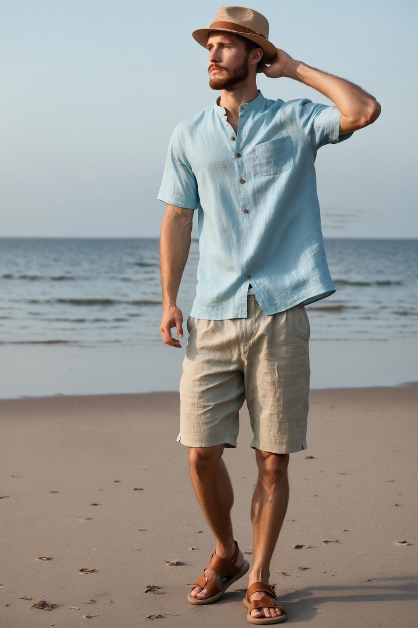 Artificial Intelligence (AI) generated image art, ..., Wearing a linen shirt in light blue, short sleeves, and a mandarin collar. The top is made of breathable linen and includes wooden button detailing. It features a loose fit and is waist-length, accentuated with a straight hem. Paired with chino shorts in khaki. These bottoms are slim fit with a high-waisted design and made of soft cotton blend. They include slash pockets and belt loops. Completing the look with leather sandals in brown, featuring a minimalist design. Accessories include a woven hat in natural straw and a canvas tote bag in cream, adding a casual vibe. Walking along a sandy beach, during the serene sunset. \"Extremely detailed photograph, stunning quality, beautiful lighting, creating a masterpiece, award-winning photograph