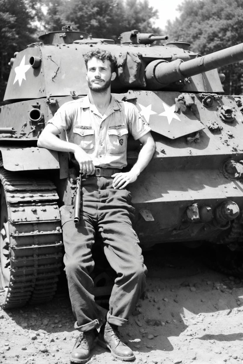 Artificial Intelligence (AI) generated image art, ..., as ww2 tank commander, relaxing on american tank, black and white photograph from 1944