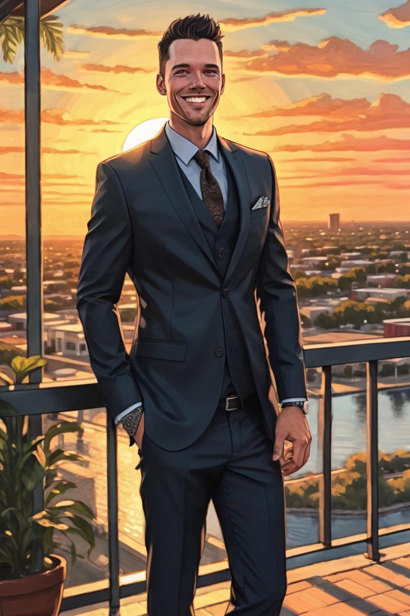 Artificial Intelligence (AI) generated image art, ..., FULL LENGTH, WEARING A stylish modern suit with open collar shirt, smile, highly detailed illustration, deep focus, intricate, elegant, highly detailed, SUNSET