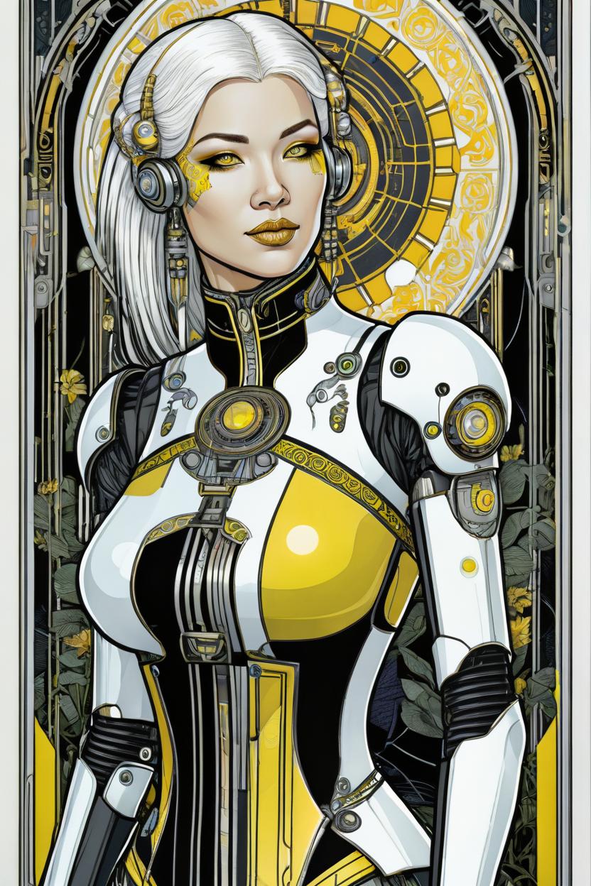 Artificial Intelligence (AI) generated image art, (*...*), portrait, artwork by Ivan Bilibin, Art Nouveau, tarot, cyberpunk, yellow and black android, cyborg, robotic, with white hair, white eyes, white irises, full body