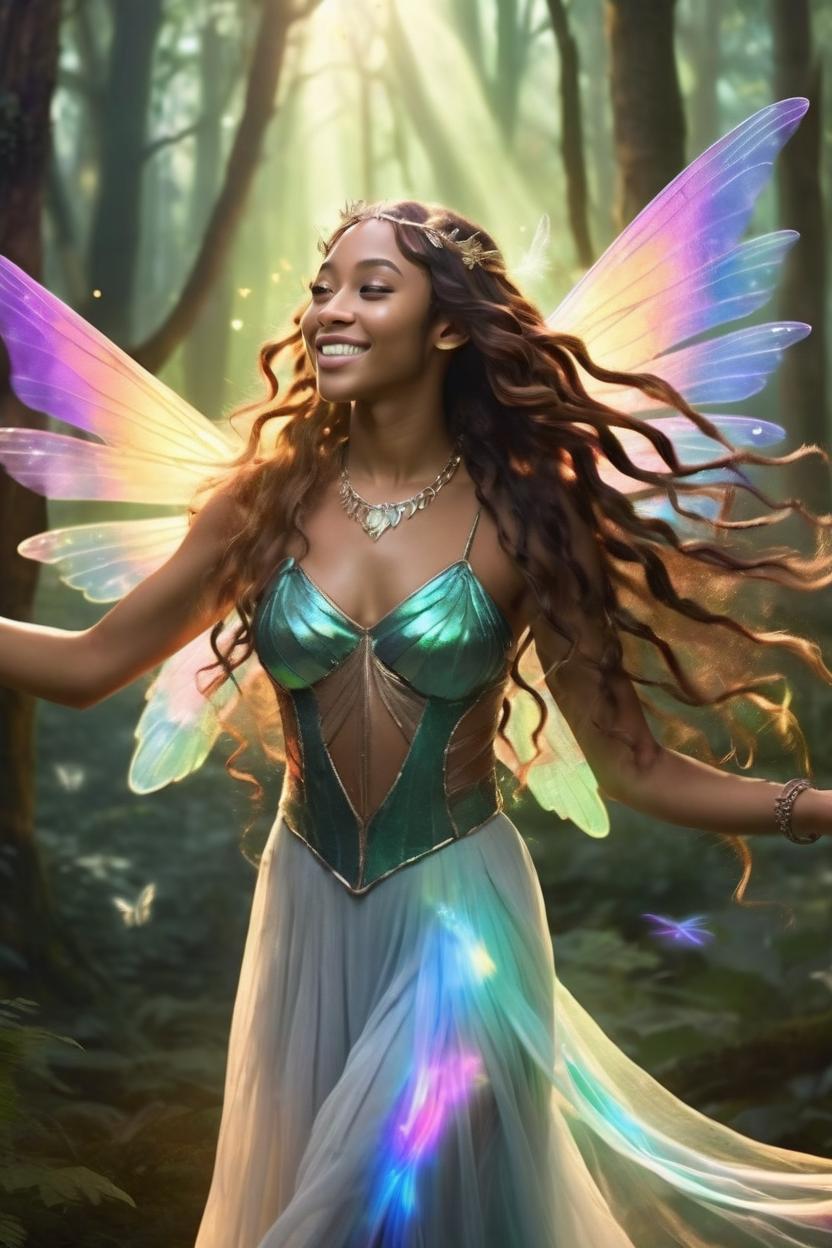 Artificial Intelligence (AI) generated image art, ..., illustration, as a fairy queen, with beautiful colorful gossamer wings, tan smooth skin, long wavy and lusterous hair flowing out around her, backlit to cause a halo around her, smaller fairys and sprites dance behind her a mysterious forest in the background