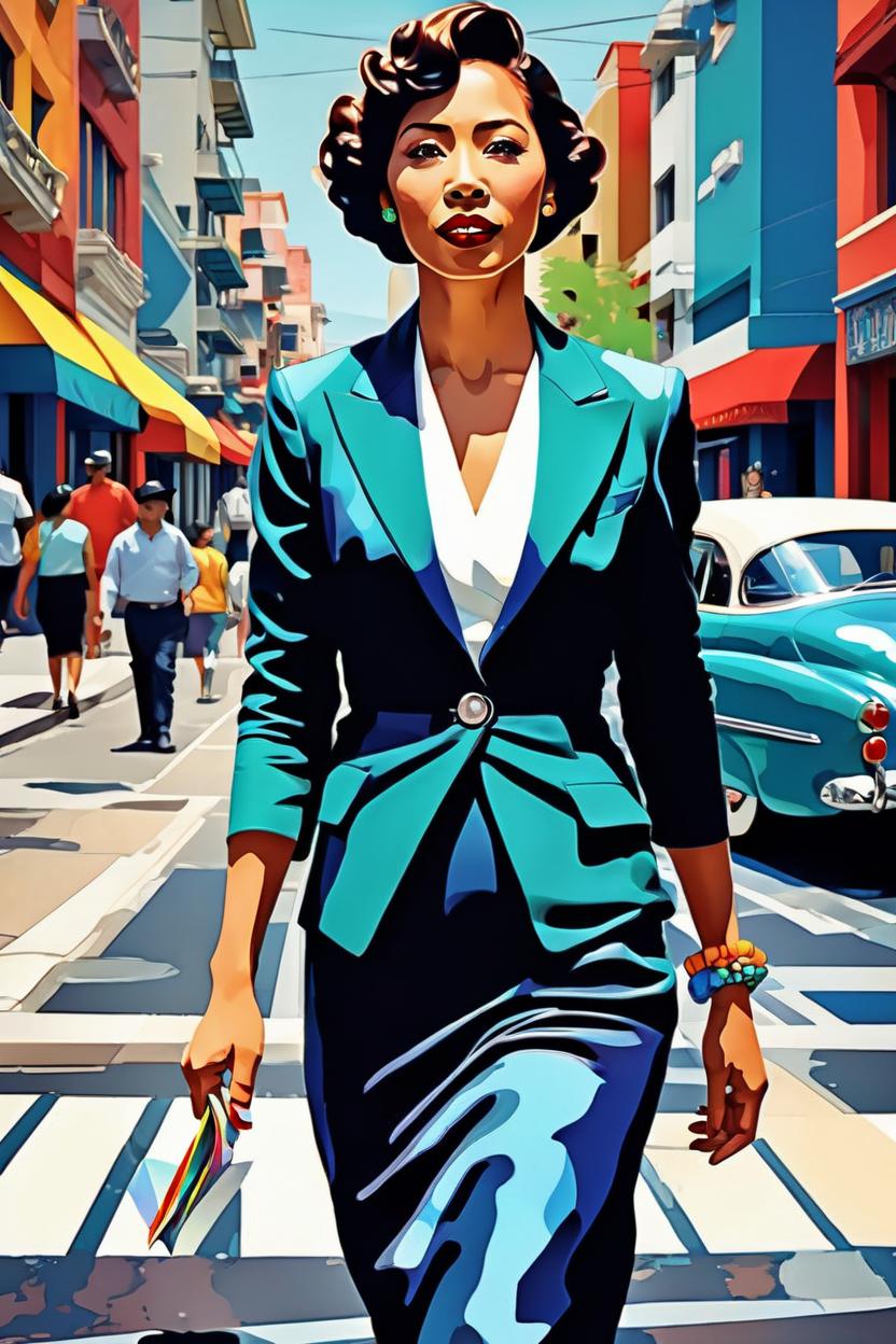 Artificial Intelligence (AI) generated image art, (...) portrait, editorial illustration beautiful woman walking in the street, modern art deco, colorful, christopher balaskas, victor ngai, rich grainy texture, detailed, dynamic composition, wide angle, moebius, matte print\\\\\\\\\\\\\\\\\\\\\\\\\\\\\\\"