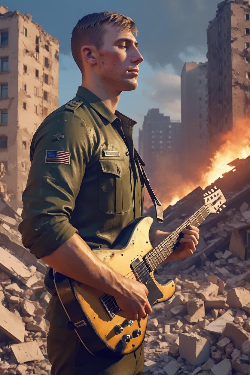 Artificial Intelligence (AI) generated image art, (painted ... portrait), sad soldier, playing guitar, rubble buildings in background digital painting, cinematic lighting, sharp focus,  art style of RossDraws