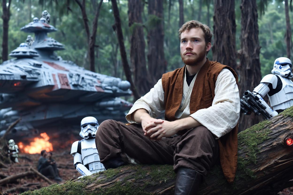 Artificial Intelligence (AI) generated image art, ..., as Obi-Wan Kenobi on Kashyyyk, sitting on a tree, overlooking star wars battleships everywhere