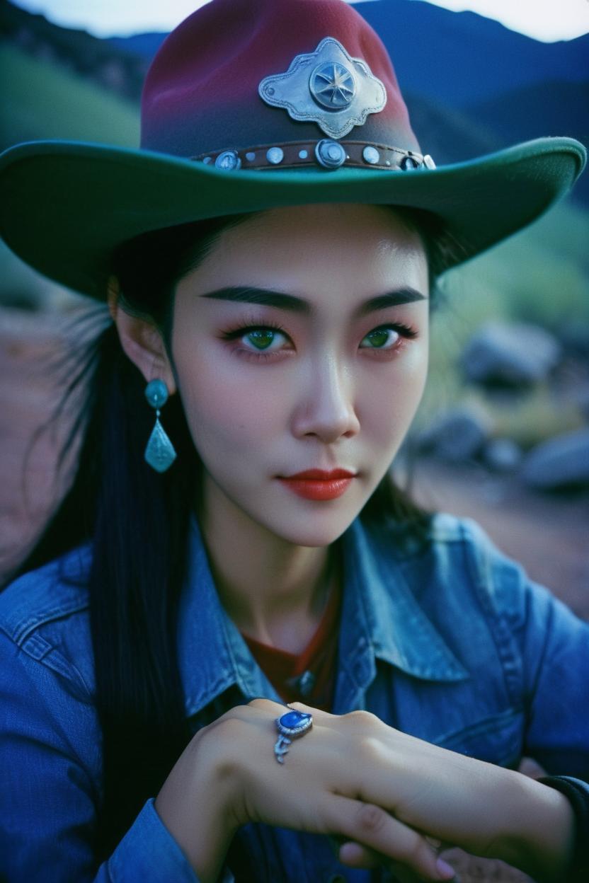 Artificial Intelligence (AI) generated image art, ... as cowboy, woman, wearing a hat, cinematic, blue hour, in wild west mountains, Kodak Portra 800 film SMC Takumar 35mm f/ 2. 8 c 50, detailed face, red hai, light green eyes.
