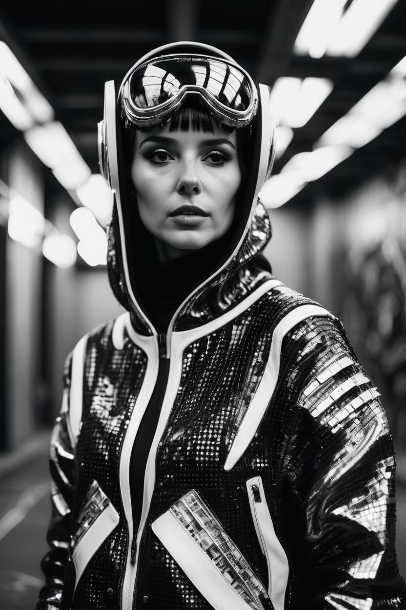 Artificial Intelligence (AI) generated image art, ..., fashion photography of ..., wearing futuristic hiphop fashion, inside berghain, futuristic fashion, photo 3 5 mm leica, hyperdetail, 8 k, very detailed, black and white