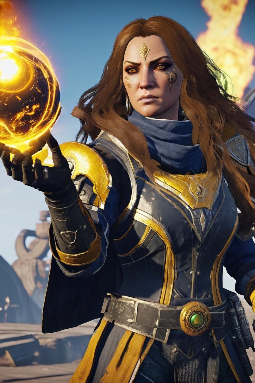 Artificial Intelligence (AI) generated image art, ..., as a warlock guardian from destiny 2 video game, hovering, holding the sunshot hand cannon weapon in one hand,  hold a ball of solar fire in the other hand, wearing black and gold destiny 2 warlock armor, long wavy hair with tendrils framing the face, sultry smoldering look on the face, ((full length portrait)), (detailed eyes), photorealistic, looks just like subject, the black fleet from destiny 2 in the background, hyper detailed, cinematic lighting, studio quality