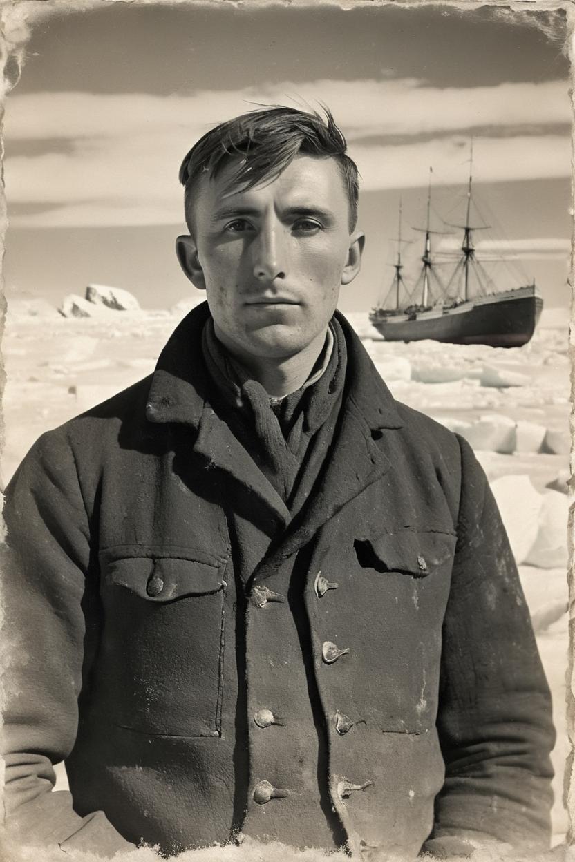 Artificial Intelligence (AI) generated image art, portrait of ..., very old Antarctic expedition photo, 100-year old photo, b&w photo, cracks in photo, slightly damaged photo, vintage mood, Antarctic landscape, ((stranded ship in the background))