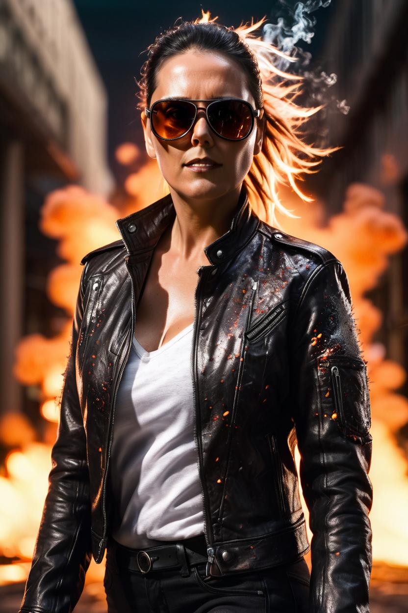 Artificial Intelligence (AI) generated image art, ..., sunglasses, leather jacket, (explosions), art by greg rutkowski, cinematic lighting, 8k, sharp focus, highly detailed, contrast