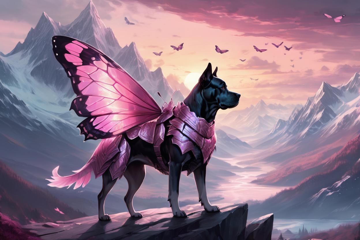 Artificial Intelligence (AI) generated image art, ..., (pink butterfly wings armour) , (pink and grey sunset), icy mountains in background,  by charlie bowater and zeen chin and terada katsuya, epic scene, epic light, fractals background, intricate detailed, fine details, artstation, masterpiece, dnd artstyle