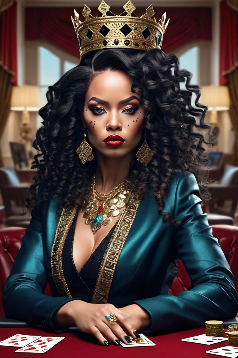 Artificial Intelligence (AI) generated image art, ..., Create a (full body long shot) 3D realistic illustration of an authoritative African American queen emerging from a queen of spades playing card. She\'s depicted in a direct front view, highlighting her regal demeanor. Her skin is café au lait, and curly hair frames a serene, expressionless face. She sports vivid red shoes and black lacquered nails. The background is a chaotic yet opulent scene with randomly scattered playing cards, diamonds, and gold coins, reflecting the richness of her realm. She wears a detailed gold crown with spade motifs, enhancing her royal status. The lighting focuses on her, using soft, dramatic beams to create a vivid outline that emphasizes her stature and the textures of her attire