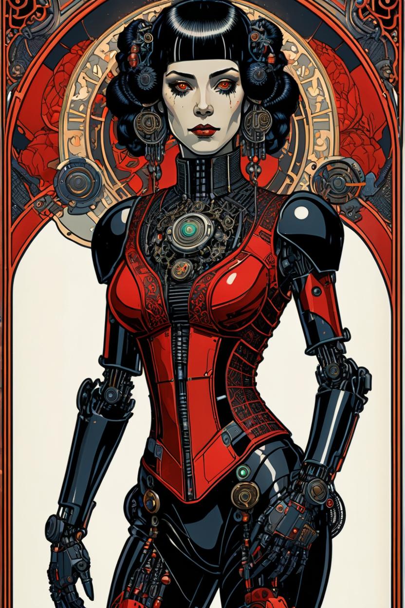 Artificial Intelligence (AI) generated image art, (*...*), portrait, artwork by Ivan Bilibin, Art Nouveau, tarot, cyberpunk, red and black android, cyborg, robotic, with black hair, dark eyes, black irises, full body