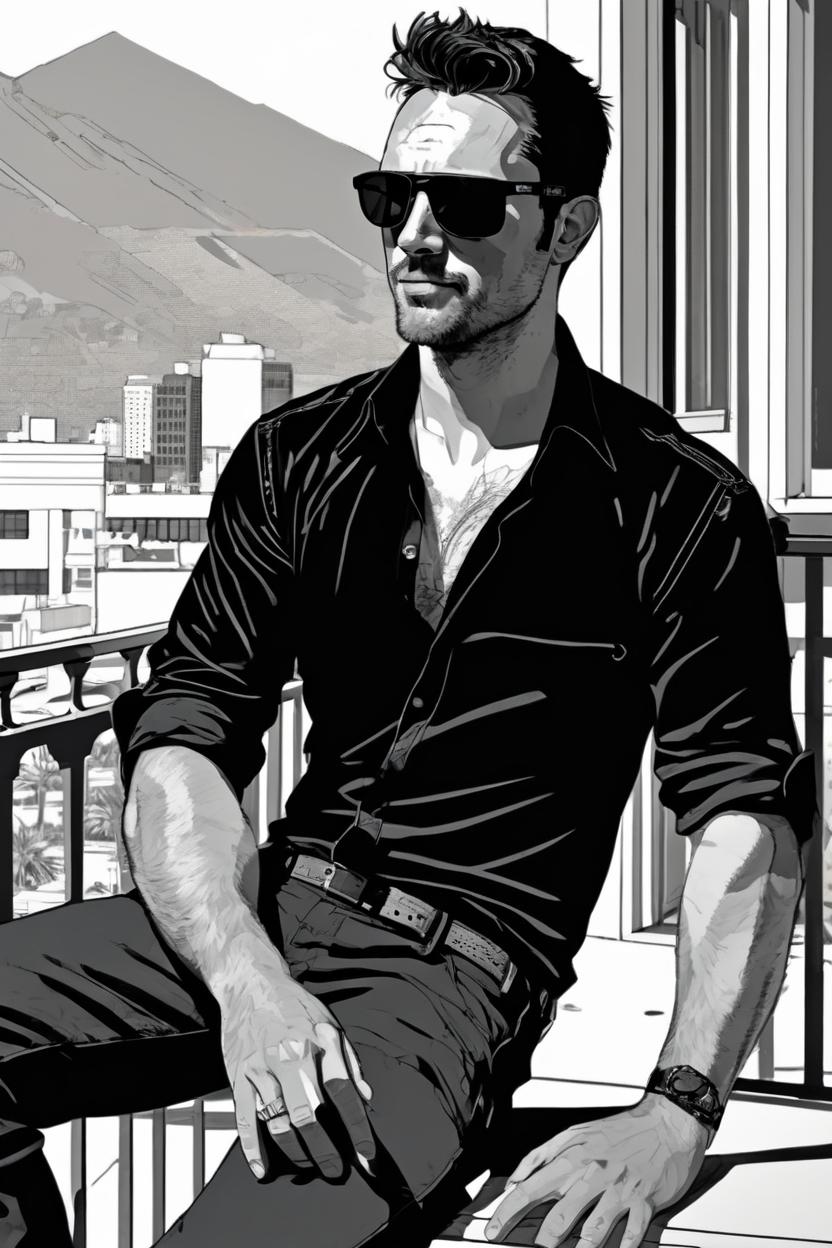 Artificial Intelligence (AI) generated image art, ..., side profile, sitting on a balcony, legs swinging back, wearing sunglasses and a black unbuttoned shirt, Derek Gores, sipping a scotch whiskey, by Josan Gonzalez and Tomer Hanuka and Geof Darrow and Brad Rigney and Greg Rutkowski,highly detailed, UHD, 8K, Blade Runner, Trending on artstation, bokh, dof