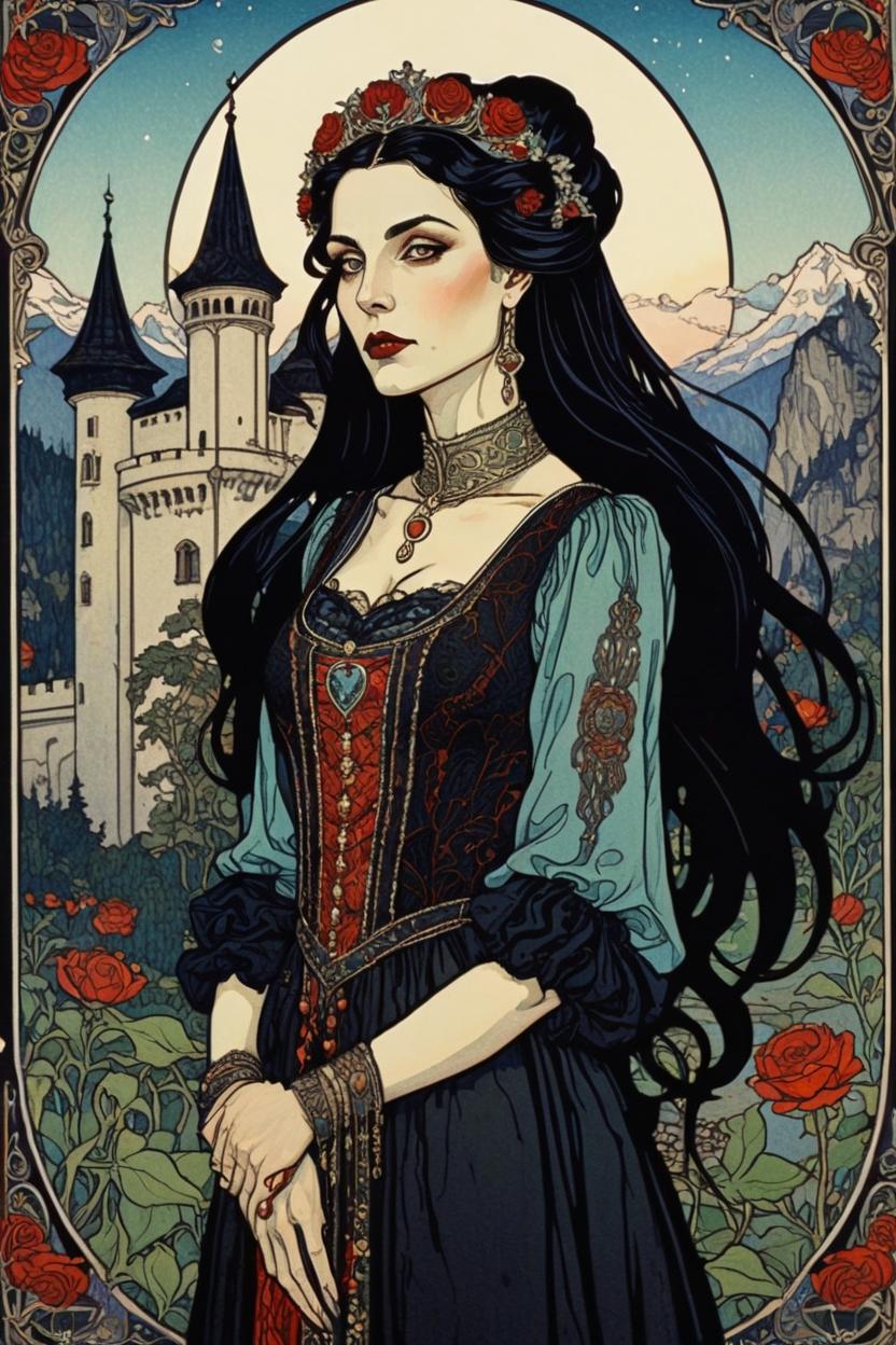 Artificial Intelligence (AI) generated image art, (*...*), portrait, artwork by Ivan Bilibin, Art Nouveau, tarot card, goddess, the lovers, castle in background, black hair, as a vampire