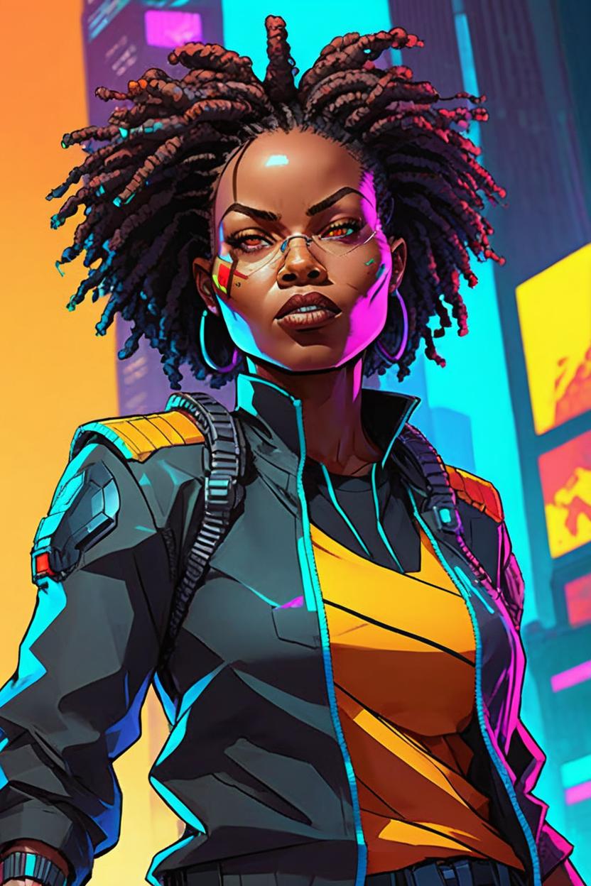 Artificial Intelligence (AI) generated image art, ..., A detailed black woman, special agent, short tight afro, full body, cyberpunk, bright colors, cartoon, concept art, battle pose, bold black lines, neon city