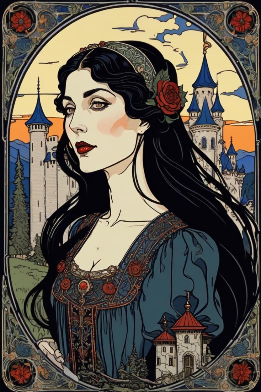 Artificial Intelligence (AI) generated image art, (*...*), portrait, artwork by Ivan Bilibin, Art Nouveau, tarot card, goddess, the lovers, castle in background, black hair, as a vampire