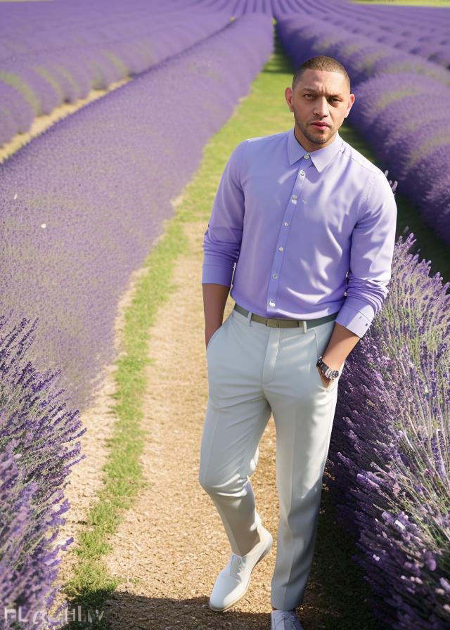 Artificial Intelligence (AI) generated image art, ..., full body, portrait, in the Lavender Field, Valensole, Shot on Hasselblad H6D-400c lens, copy Sisley Spring Summer 2014 campaign session, ultra high definition, ultra-realism, ultra realistic, young, handsome, gentleman