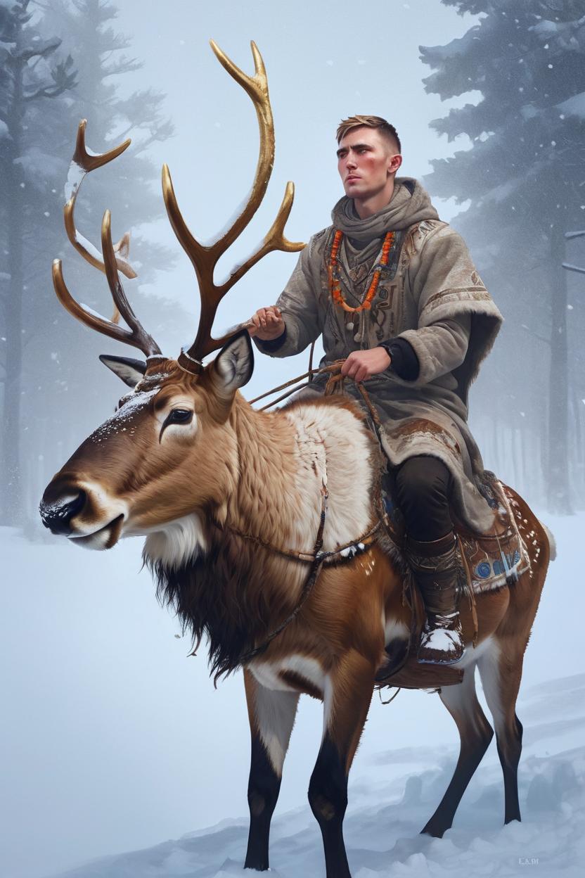 Artificial Intelligence (AI) generated image art, ..., as a portrait of a shaman riding a Reindeer in a snow storm, by Stanley Artgerm Lau, WLOP, Rossdraws, James Jean, Andrei Riabovitchev, Marc Simonetti, and Sakimichan, highly detailed, ultra detailed, golden hour, trending on artstation, cgstudio