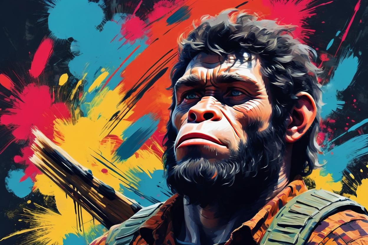 Artificial Intelligence (AI) generated image art, ..., as Malcolm from planet of the apes, Inspired by the iconic leader of the apes With intricate brushstrokes and vivid colors, this digital artwork