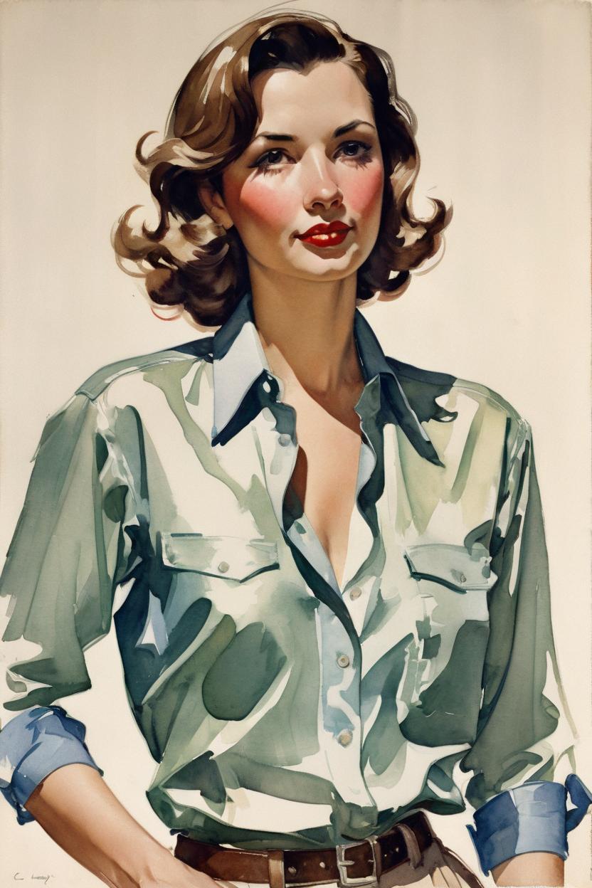 Artificial Intelligence (AI) generated image art, Watercolor painting of ... by J.C. Leyendecker, upper body, wearing an unbottoned shirt, fashionable, brunette, 1950s