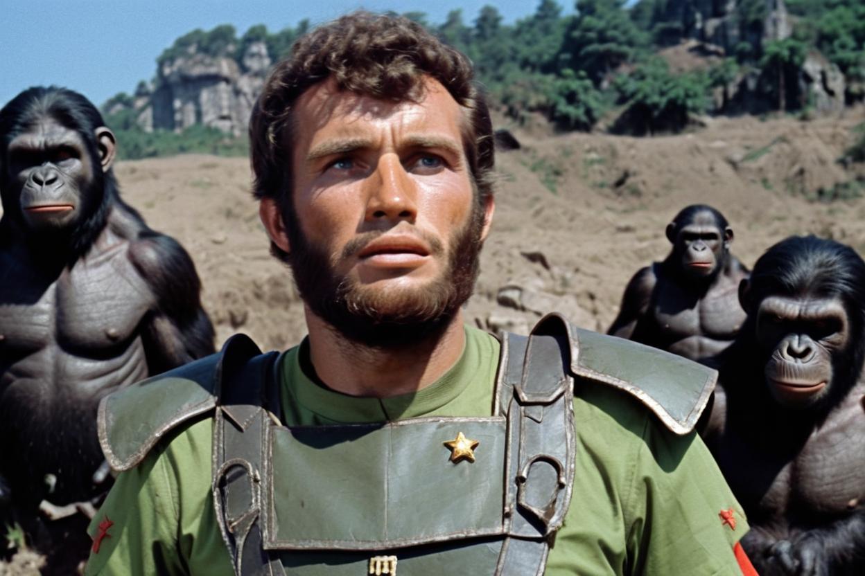 Artificial Intelligence (AI) generated image art, ..., as Ceasar from planet of the apes,1968 film, the patriarch of royal ape family with ape army