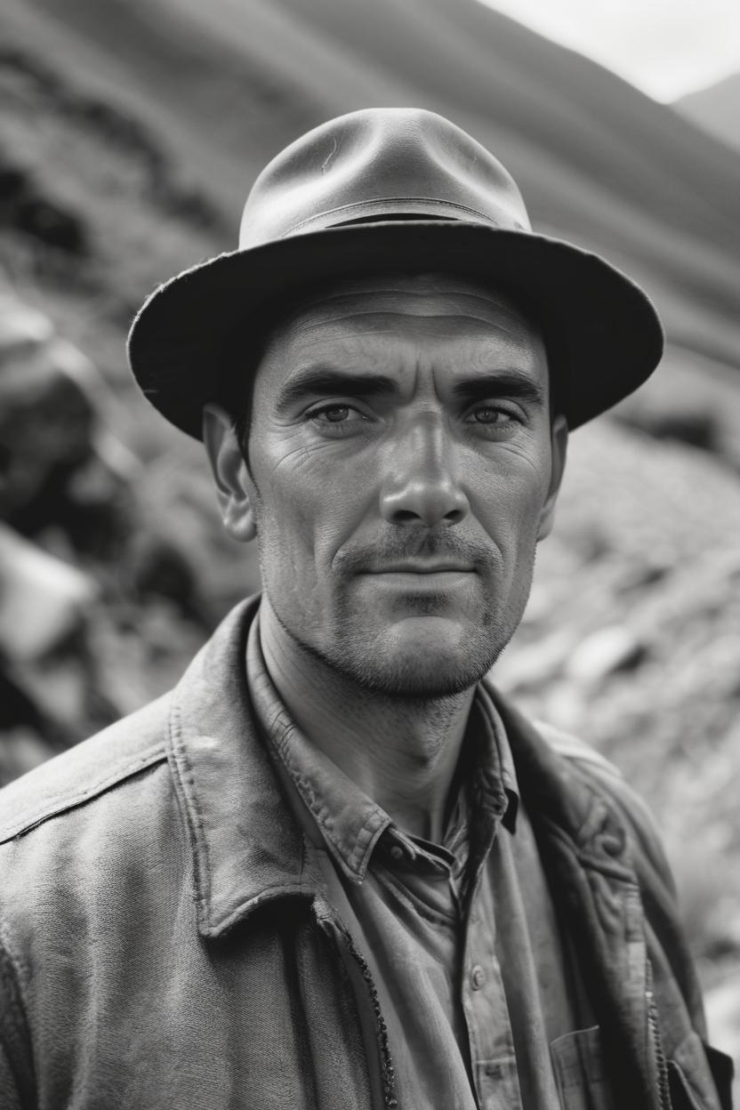 Artificial Intelligence (AI) generated image art, ..., (portrait), old b&w photo, (((film grain))), in the mountains, photorealistic, 4k