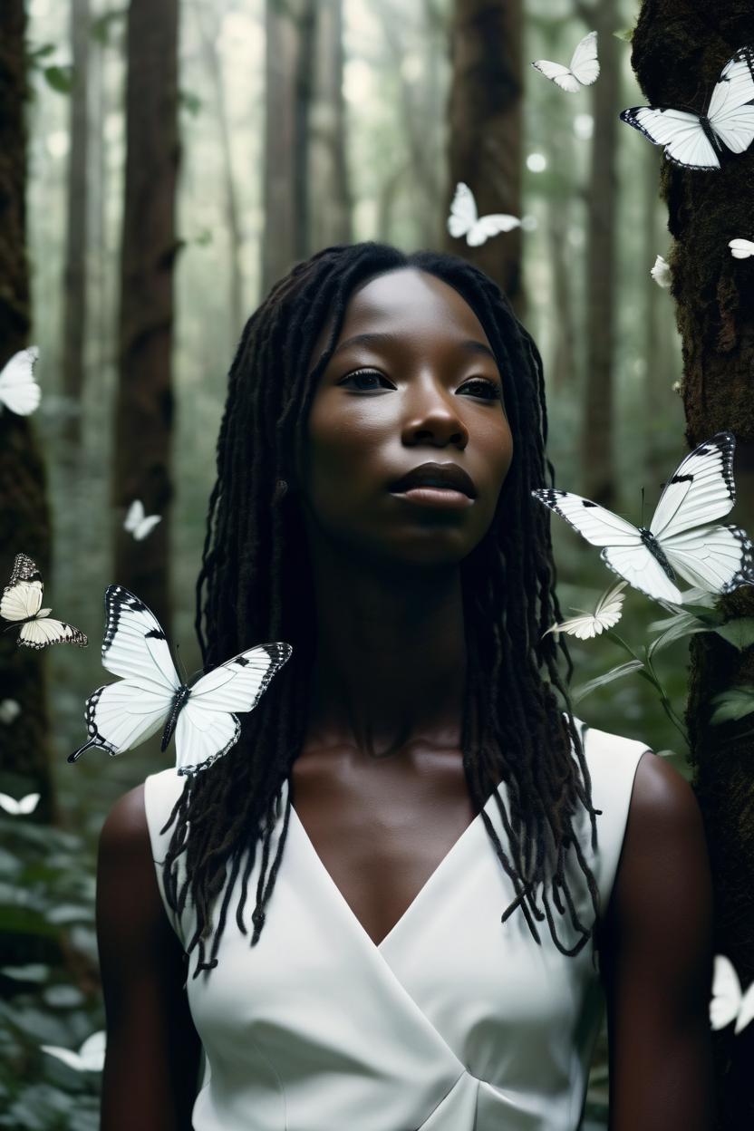 Artificial Intelligence (AI) generated image art, ..., portrait of a stunningly beautiful female.  in soft light, depth of field, in a forest. with beautiful  white flowers. white butterflies flying around.  zeiss lens, detailed, symmetrical, centered, fashion photoshoot, by annie leibovitz and steve mccurry, david lazar, jimmy nelsson, breathtaking, 8 k resolution, extremely detailed, beautiful, establishing shot, artistic, hyperrealistic, beautiful face, octane render