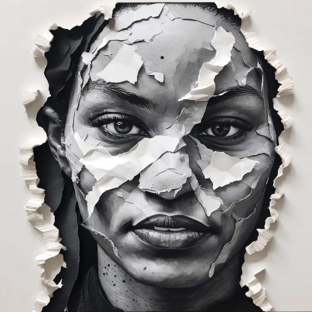 Artificial Intelligence (AI) generated image art, ..., A hyperrealistic oil painting, white background of an eye peeking through ripped paper with the shape of one human\'s face in black ink , capturing intricate details and textures on a clean white canvas, monochrome colors of grey and stark contrast to highlight the subject against a simple yet striking backdrop, emotion through expressive facial features and depth of field that adds character. stylize 750