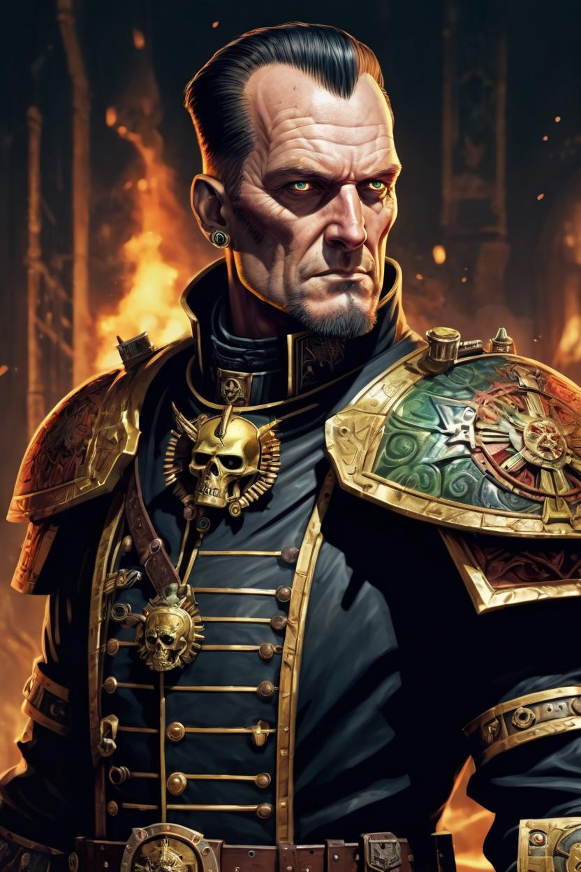 Artificial Intelligence (AI) generated image art, ((... handsome illustration, as Inquisitor Eisenhorn from Warhammer 40k, radiant light, caustics)), (war hero, psychedelic dmt, by Nikolaus Ingeneri)