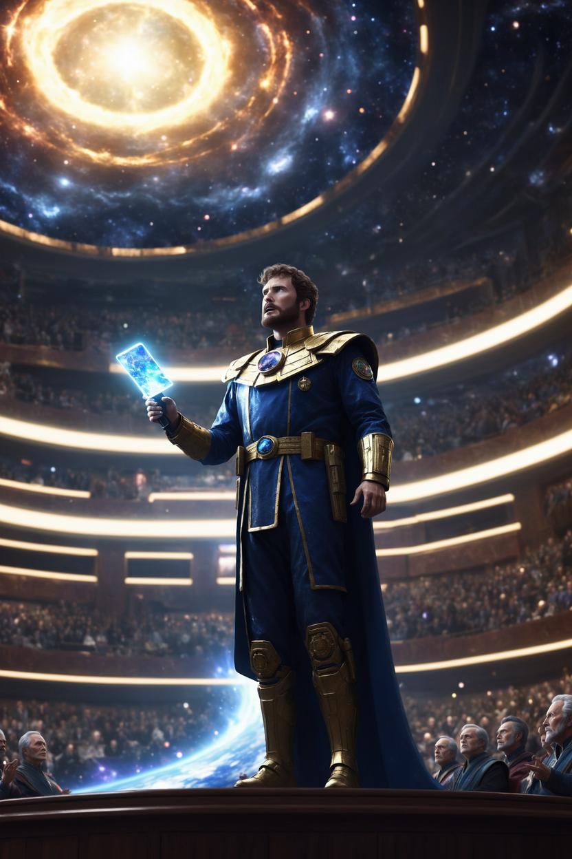 Artificial Intelligence (AI) generated image art, ..., as intergalactic emperor, giving a speech in galaxy parliament, art by greg rutkowski, 8k, epic lighting, important, dramatic