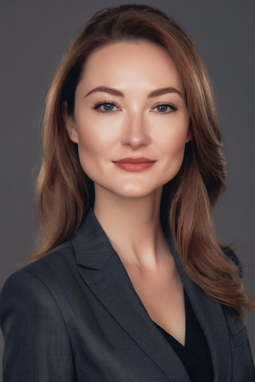 Artificial Intelligence (AI) generated image art, ..., woman natural and realistic, use AI model face for women do not alter facial features,  3/4 profile of face, photorealistic, beautiful woman, portrait in a business suit, no tie, professional, studio lighting, slight smile