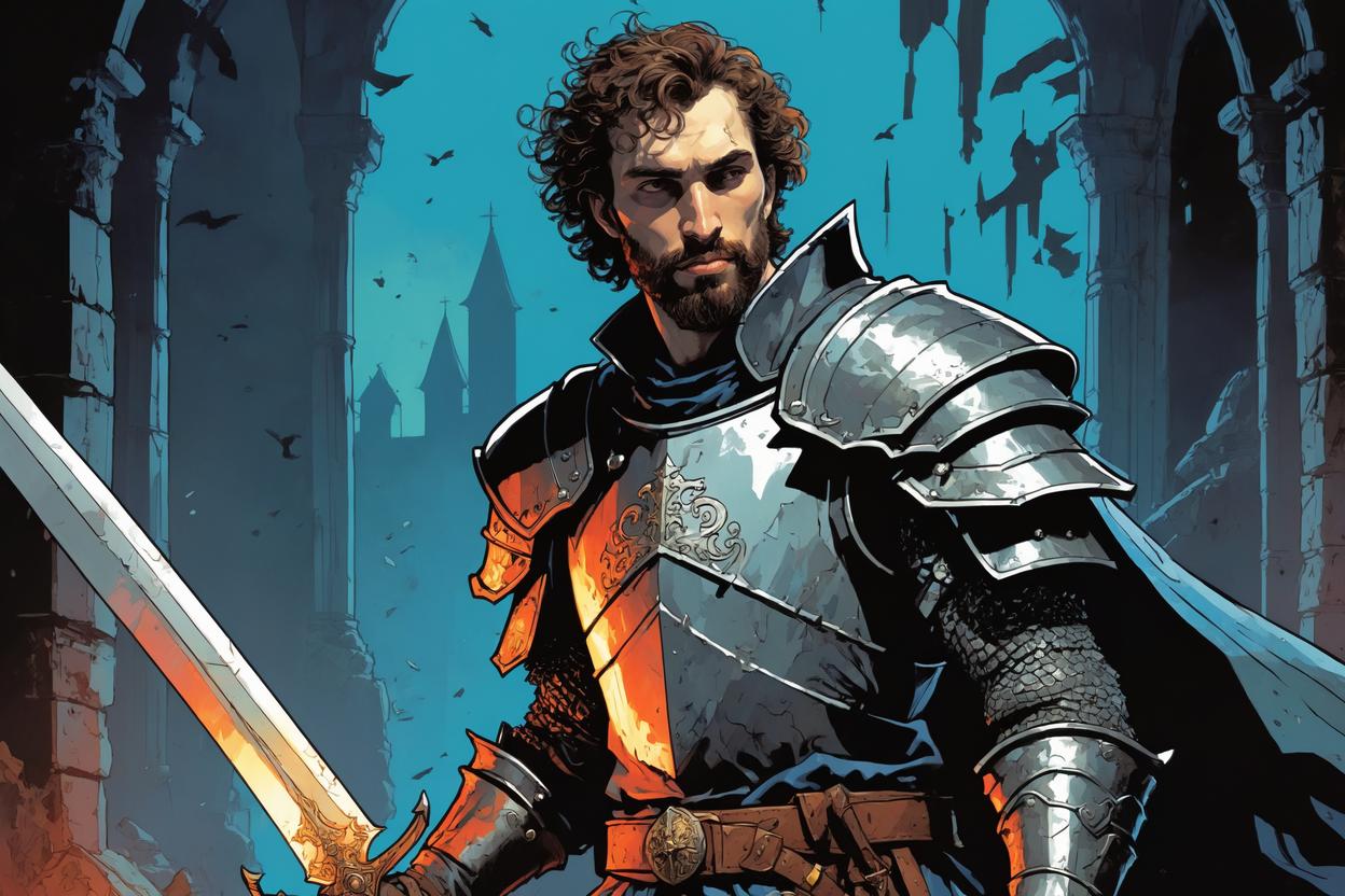 Artificial Intelligence (AI) generated image art, ... as fantasy male knight with a greatsword, 2d vector artstyle, ((art by Jonathan Hickman)), colored, ((art by Mike Mignola, Fiona Staples, Bill Sienkiewicz, Moebius, P. Craig Russell, Walter Simonson)), dark dungeon background