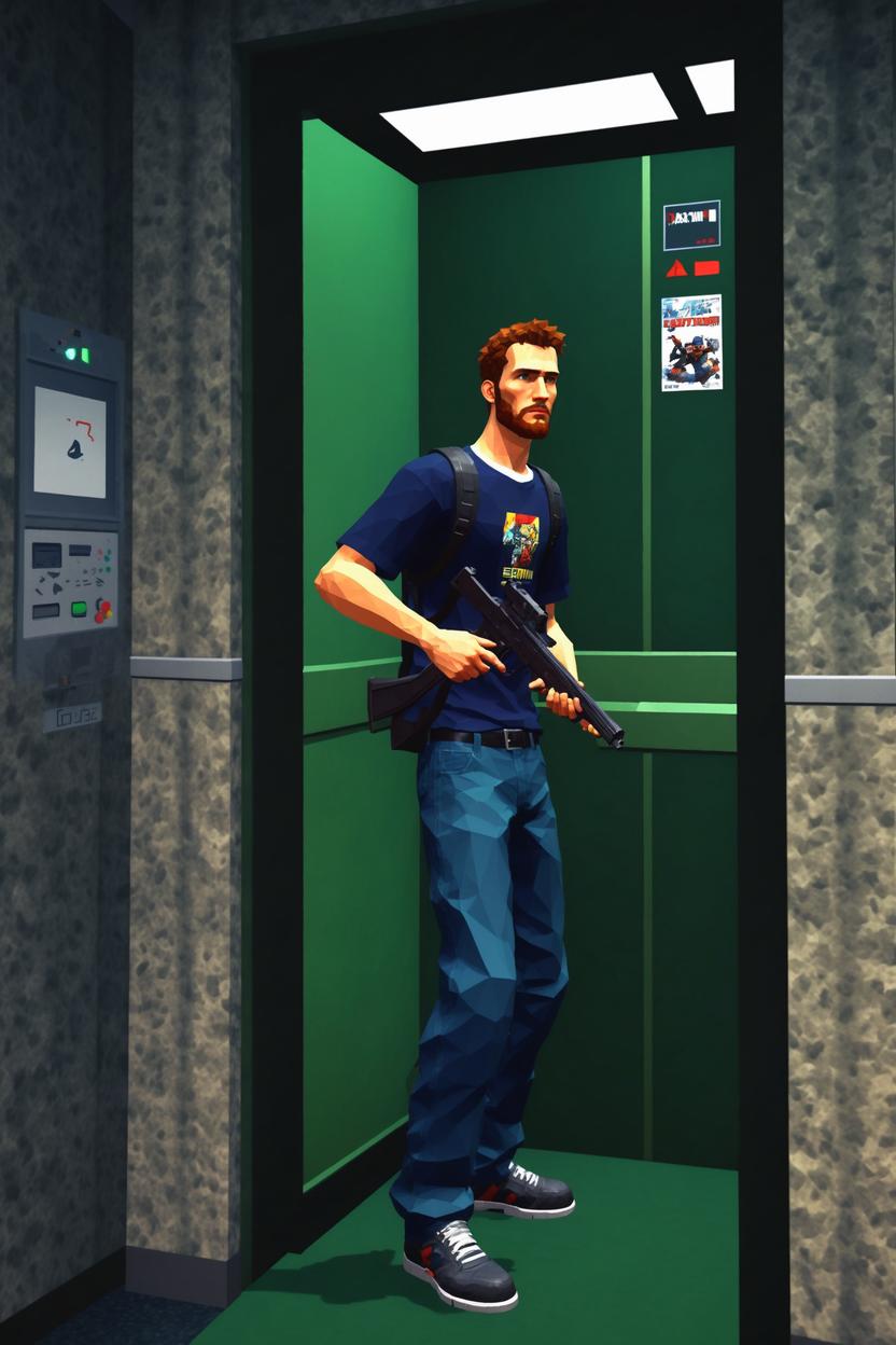 Artificial Intelligence (AI) generated image art, ..., early 2000 low game graphics, 2000s playstation graphics artstyle, ps2 game, low polygon 3d game, standing in an elevator, as hacker with gun