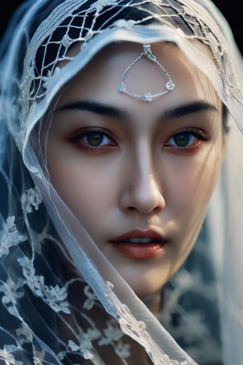 Artificial Intelligence (AI) generated image art, ..., portrait of a stunningly beautiful ghostly haunting female with a veil in soft light, depth of field, zeiss lens, detailed, symmetrical, centered, fashion photoshoot, by annie leibovitz and steve mccurry, david lazar, jimmy nelsson, breathtaking, 8 k resolution, extremely detailed, beautiful, establishing shot, artistic, hyperrealistic, beautiful face, octane render