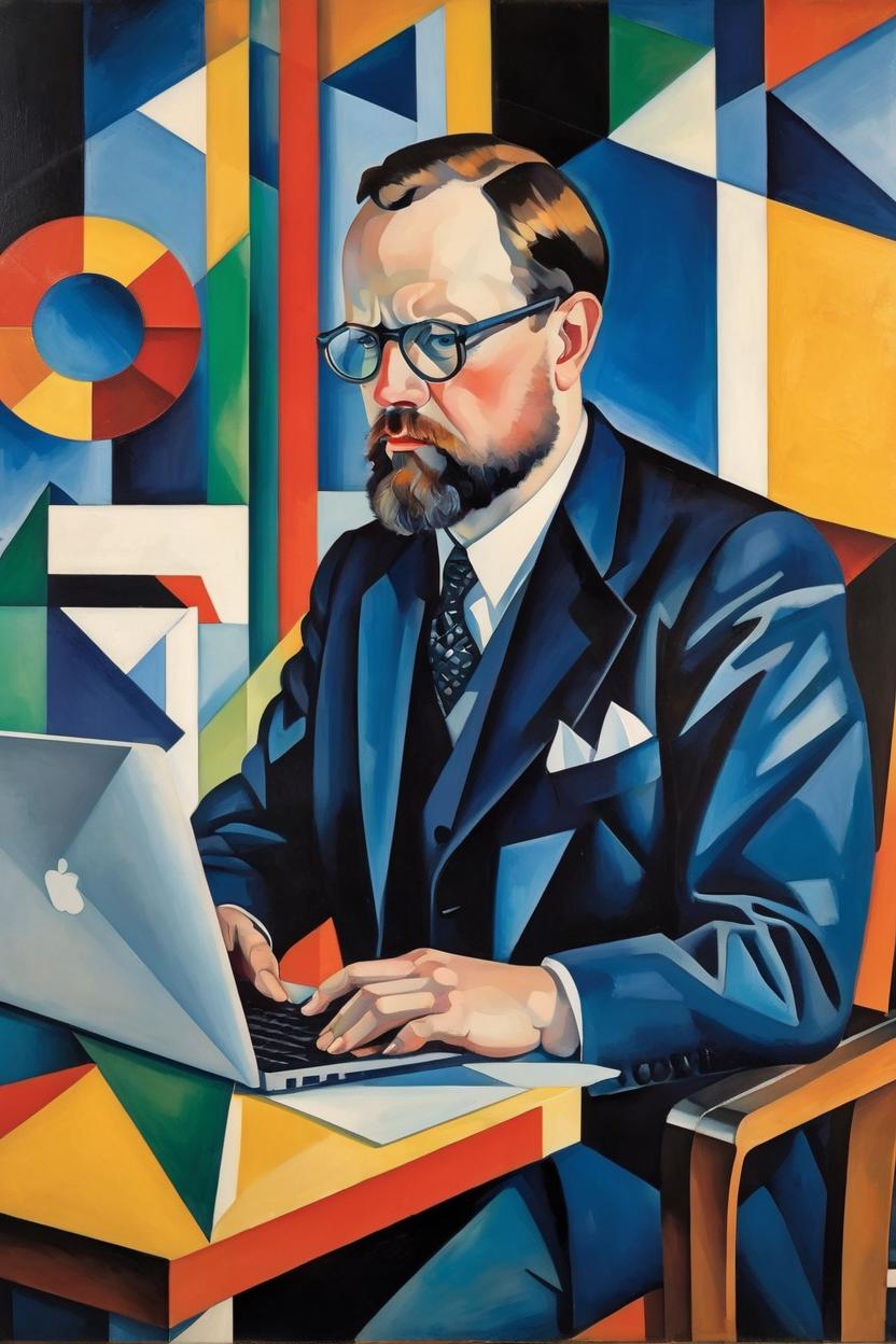 Artificial Intelligence (AI) generated image art, ..., as man working at a laptop, art deco, Tamara de Lempicka, vibrant, bauhaus, geometric shapes