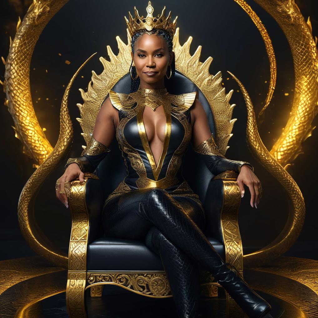 Artificial Intelligence (AI) generated image art, ..., A very beautiful queen sitting on a black throne made of gold, with a serpent-dragon like elements and design, intricate details, dramatic lighting, hyperrealism, photorealistic, cinematic, 8k sharp focus, unreal engine 5 effects--niji 5, style expressive