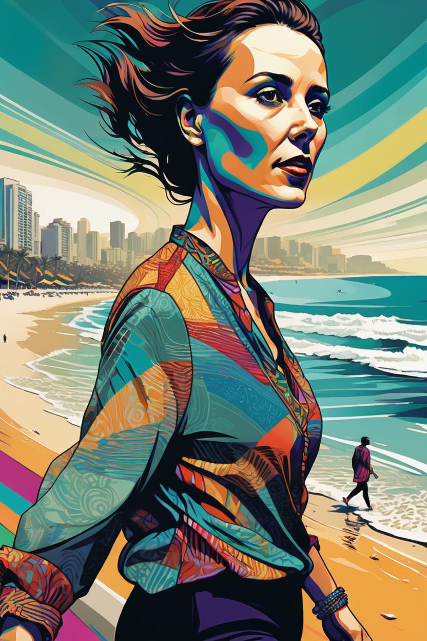 Artificial Intelligence (AI) generated image art, (...) portrait, editorial illustration, woman walking down a beach, modern art deco, colorful, christopher balaskas, victor ngai, rich grainy texture, detailed, dynamic composition, wide angle, moebius, matte print