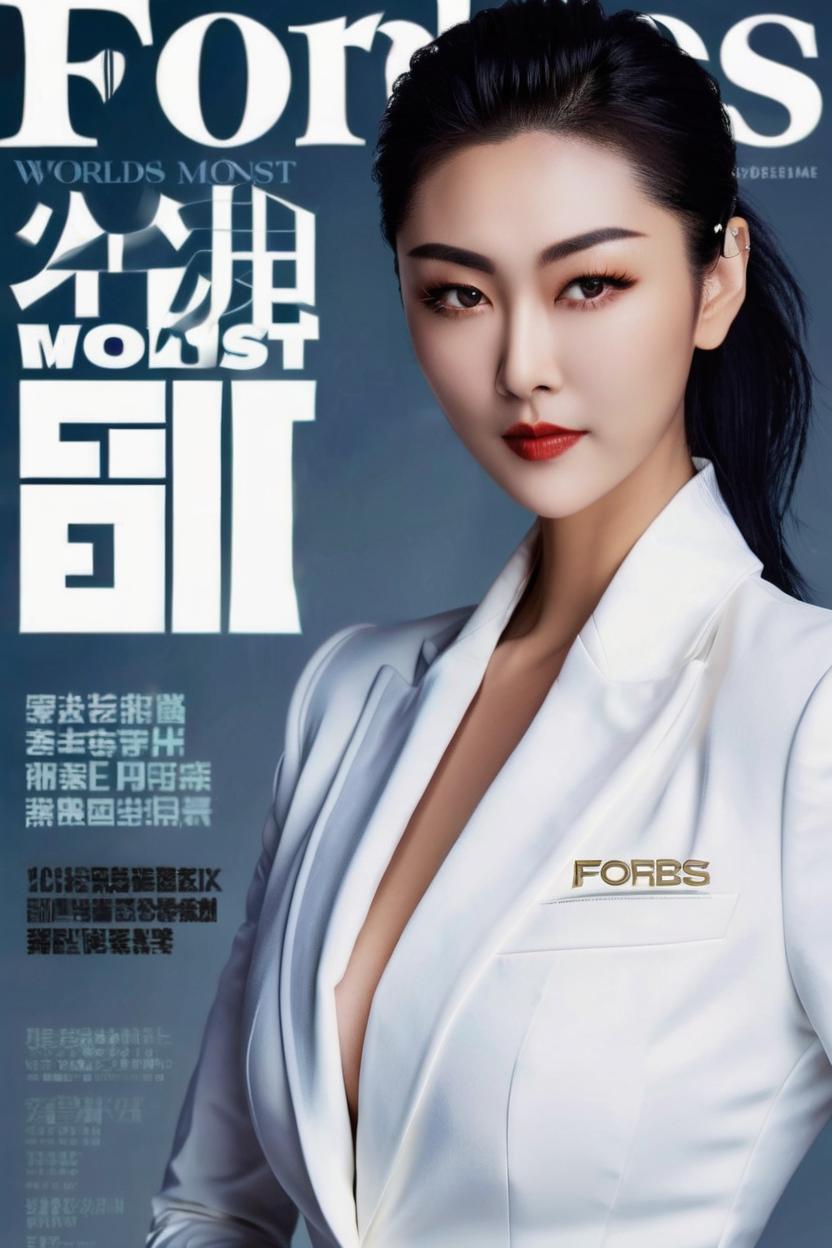 Artificial Intelligence (AI) generated image art, ... in a white tight business suit, outlining her fit strong and curvaceous half body with her hair slicked back on the cover of Forbes magazine with the title \\\'World\\\'s Most Powerful Women\\\"