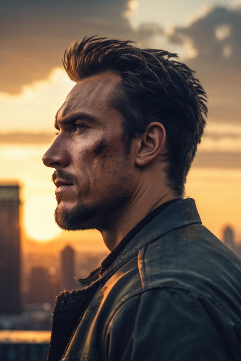 Artificial Intelligence (AI) generated image art, as a model, rugged, portrait looking away, city background, epic, cinematic lighting, sunset, 4k, sharp focus, art by greg rutkowski