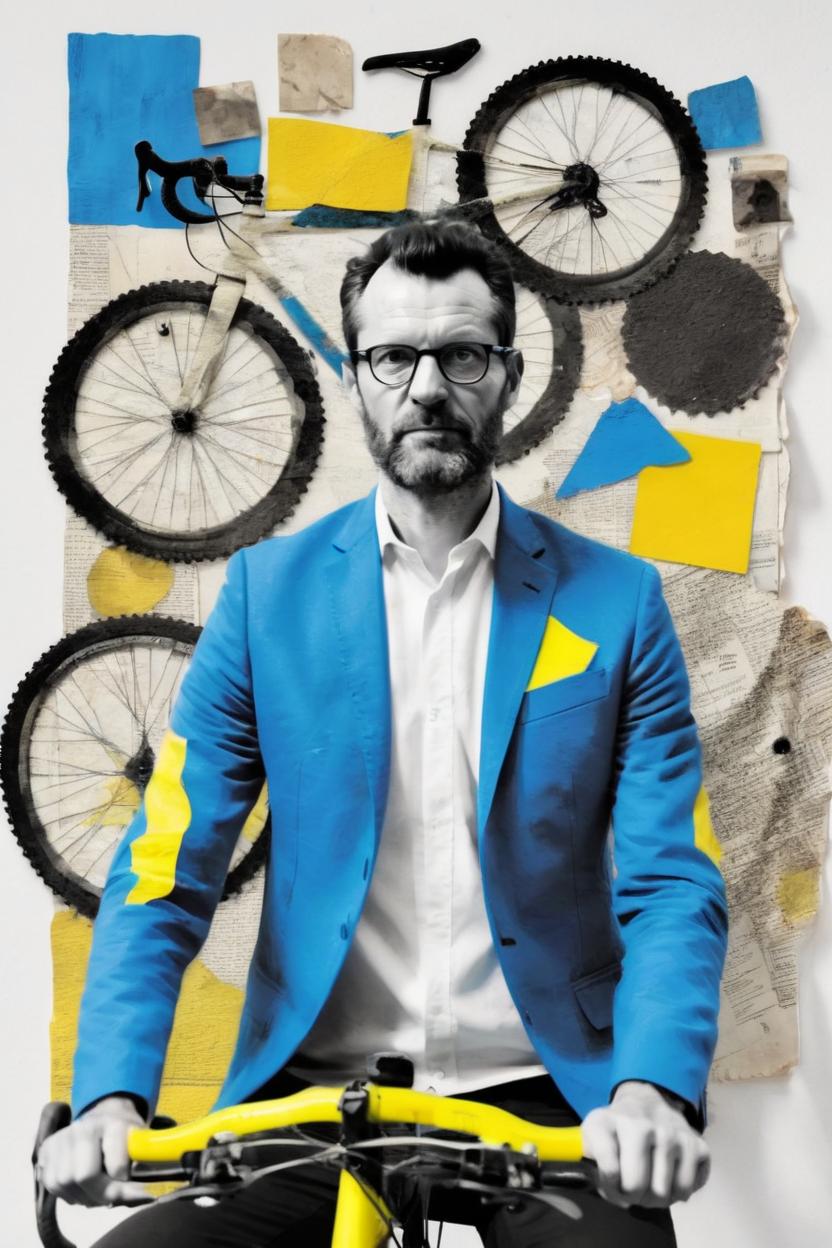 Artificial Intelligence (AI) generated image art, ((..., dada portrait, as age 30, art by Lubaina Himid, cut up portrait, black and white photo)), yellow and blue accent colours, cycling, mountain bike, texture, found objects, Objet Trouvé