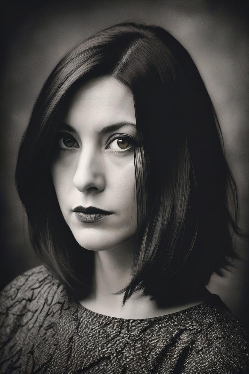 Artificial Intelligence (AI) generated image art, photo of ..., b&w, photograph, portrait, photorealistic, dark brown shoulder-length hair, artsy