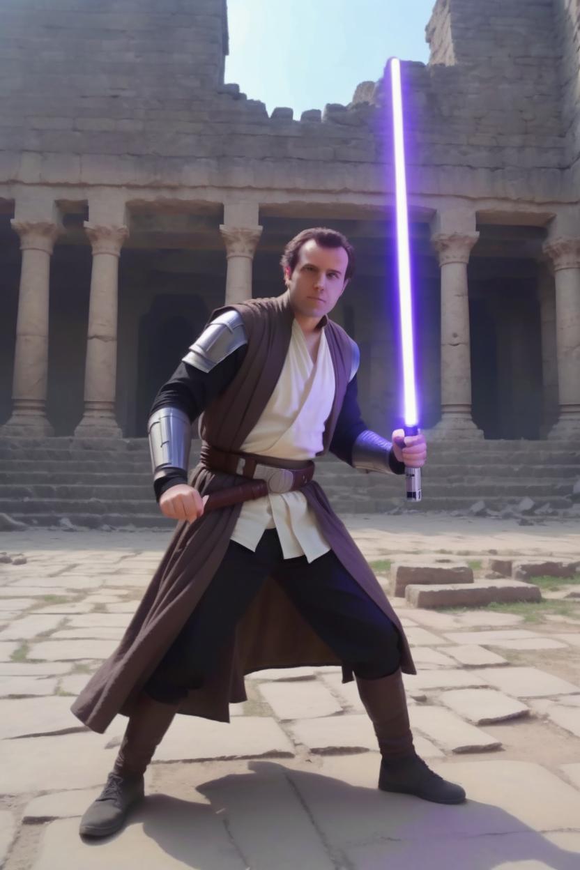 Artificial Intelligence (AI) generated image art, ..., as a jedi knight with a purple light saber in a battle against mandalorians in front of the ruins of a jedi temple