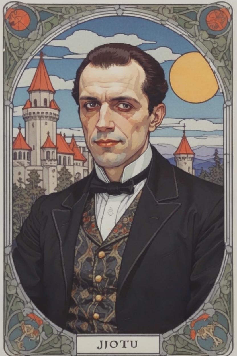 Artificial Intelligence (AI) generated image art, (...), portrait, artwork by Ivan Bilibin, Art Nouveau, tarot card, god, death, castle in background, as a vampire