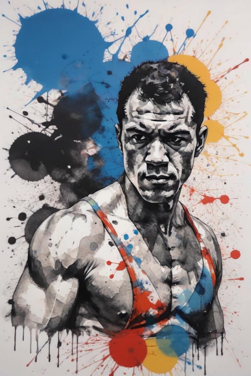 Artificial Intelligence (AI) generated image art, handsome portrait and torso of beautiful boxer ..., give space above the head, (coloured ink drawing), paint splashes, splatter, outrun, ((art by yoji shinkawa))