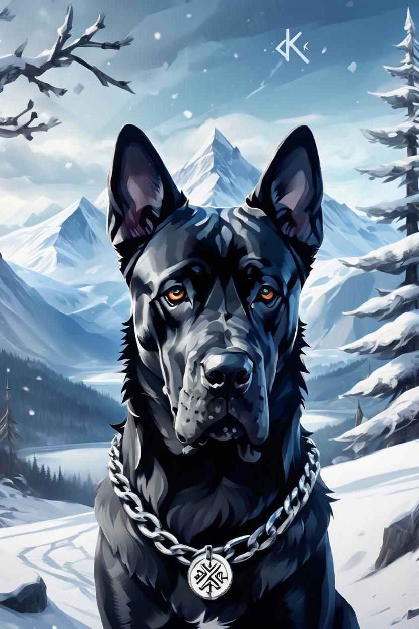 Artificial Intelligence (AI) generated image art, ... with floppy ears, as fenrir, nordic background, chains, runes, snowy mountains, snowy trees