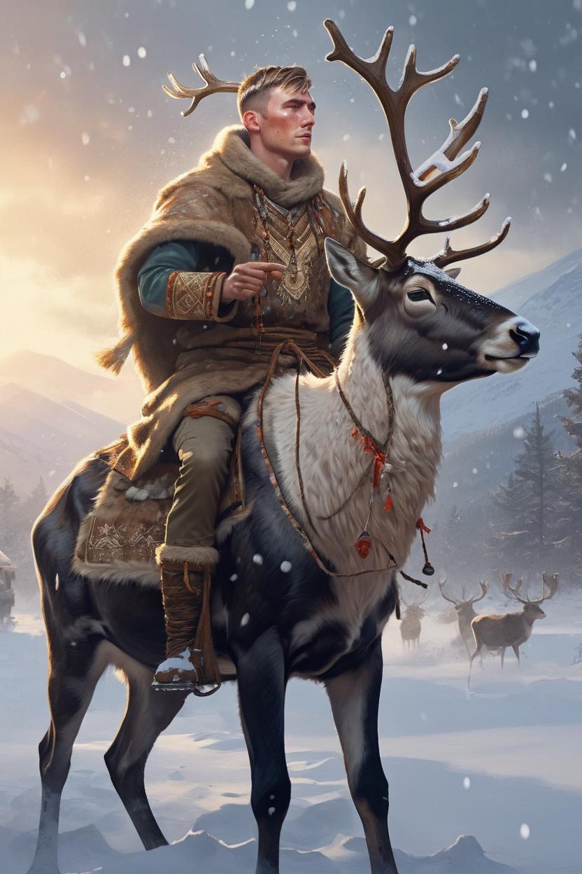 Artificial Intelligence (AI) generated image art, ..., as a portrait of a shaman riding a Reindeer in a snow storm, by Stanley Artgerm Lau, WLOP, Rossdraws, James Jean, Andrei Riabovitchev, Marc Simonetti, and Sakimichan, highly detailed, ultra detailed, golden hour, trending on artstation, cgstudio